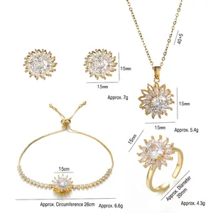 Golden sunflower jewelry set with cubic zirconia necklace bracelet earrings and ring
