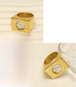 Macro detail of 18K gold plated stainless steel ring featuring white mother of pearl inlay