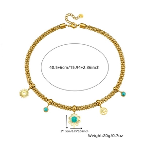 Gold beaded necklace with blue turquoise clover and tree of life charms on white background