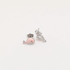 Close-up of pink enamel whale stud earrings in S925 sterling silver with a refined finish