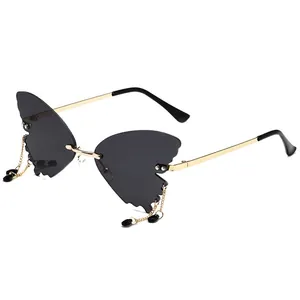 Butterfly Shape Rimless Sunglasses Metal Frame Chain Pendant Beads Tassel Fashion Y2K Style Novelty Party Eyewear