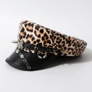 Punk leopard print military hat with metal spikes, studs and large spider ornament