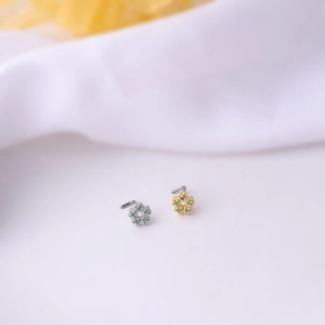 L-shaped surgical steel nose studs with colorful zircon flower design in gold and silver