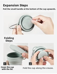 Detail view of the collapsible silicone travel cup showing steps for folding and unfolding