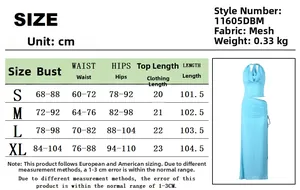 Size chart detail for mesh halter top and skirt set in light blue colorway