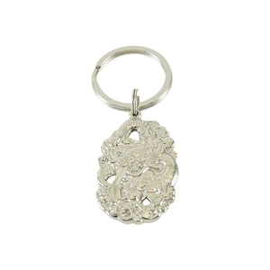 Polished stainless steel dragon zodiac keychain accessory for car keys on white background