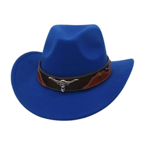 Detail of royal blue wool cowboy hat featuring a silver longhorn bull skull metal ornament