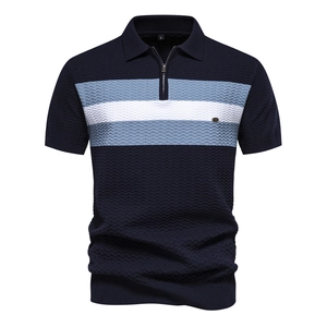Navy blue striped knit polo shirt with half-zip collar and waffle texture for men