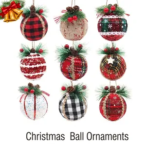 Christmas Tree Ornaments Ball Baubles Plaid Fabric Linen Wrapped With Pine Cones Berries Festive Holiday Party Hanging Decorations Rustic Style