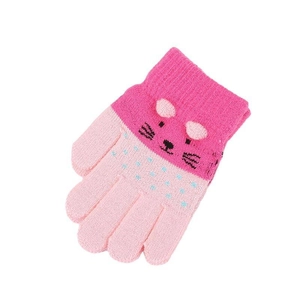 Pink knitted winter gloves for toddlers featuring cute cat pattern and warm ribbed cuffs