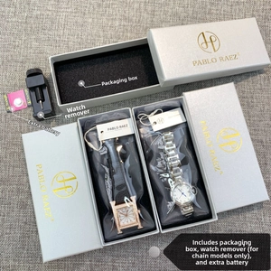 Luxury quartz watch set with leather strap, steel bracelet, gift box and spare battery
