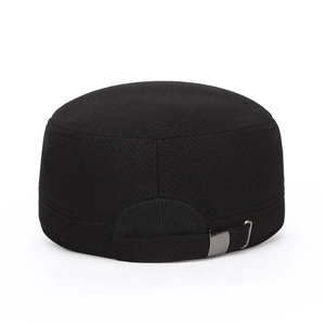 Classic black cadet cap for elderly men with adjustable metal buckle and warm ear protection