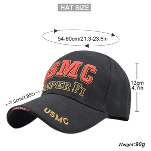 Guide des tailles pour casquette USMC montrant dimensions et broderies détaillées