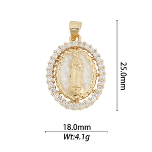 Macro detail of 18k gold plated Virgin Mary oval pendant with dimensions 25x18mm