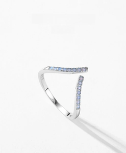 Macro view of S925 sterling silver ring with two rows of micro-set blue stones