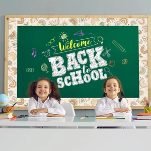Bohemian rainbow border stickers on a classroom chalkboard for back to school decoration