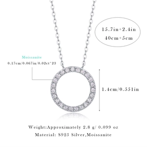 Detailed S925 silver necklace dimensions with circular moissanite pendant specs