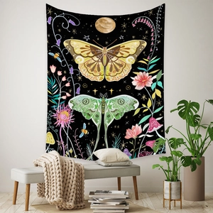 Detail of moth and floral tapestry with vintage botanical and celestial patterns