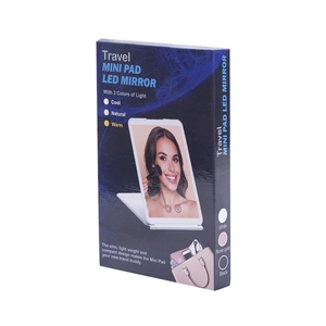 Detail of travel mini LED mirror packaging showing three light modes and slim design