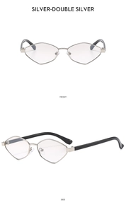 Front and side views of geometric silver metal polygon sunglasses with black temples