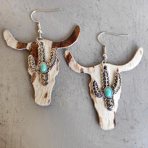 Western style bull head earrings with leopard print leather and turquoise cactus detail