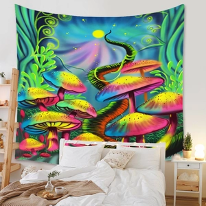 Detailed close-up of bohemian mushroom tapestry with vibrant snake and forest patterns