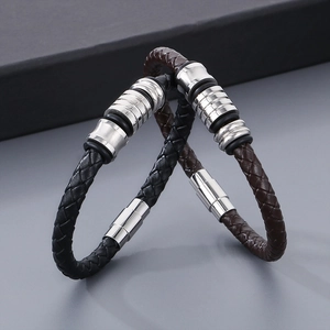 Braided leather bracelets in black and brown with stainless steel magnetic clasps