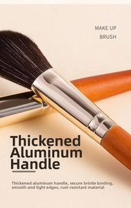 Detail of thickened aluminum ferrule and soft bristles on mini travel makeup brush