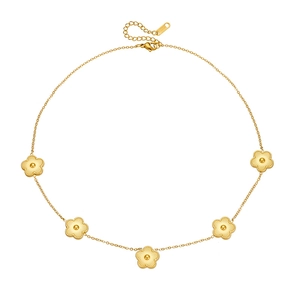 Elegant gold titanium steel necklace featuring five textured floral charms on a plain chain