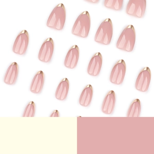 Press on nails almond shape in nude pink with elegant gold French tips manicure set