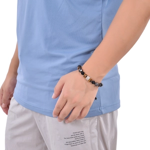 Men's retro 10mm tiger eye and lava stone bracelet with rhinestone accessory on wrist