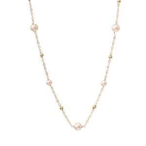 Elegant gold chain necklace featuring natural pearls and gold beads on a clean white background
