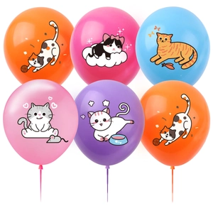 Close-up of colorful cat themed party balloons with cute cartoon kitten illustrations