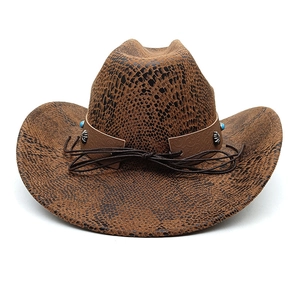 Detail of snake skin texture and turquoise beaded band on a classic brown cowboy hat