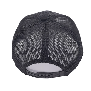 Rear view of classic black mesh trucker hat with adjustable snapback closure for adults