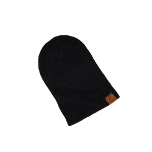 Black knitted beanie hat featuring a brown leather Super Star patch on white background