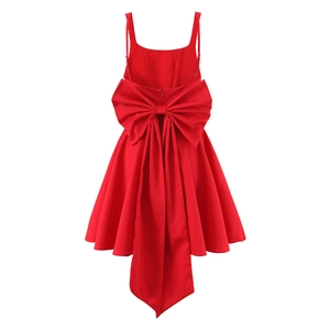 Elegant red backless strap dress featuring a large decorative bow on the back