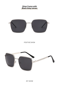 Silver metal polarized sunglasses with dark grey lenses shown in front and side views