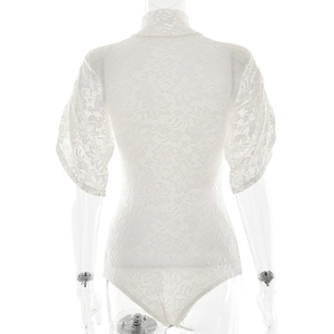 Detail of white floral lace bodysuit featuring high neck and intricate back pattern details