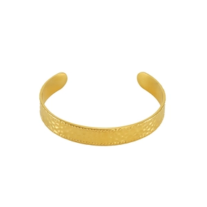 Textured gold stainless steel open cuff bracelet with hammered finish and beaded edges