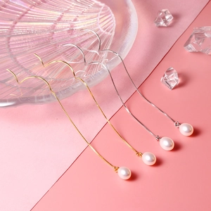 925 Sterling Silver Earring Post Natural Artificial Pearl Long Thread Earrings Wave Hook Teardrop Dangle For Women Elegant