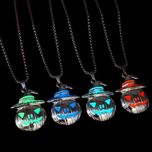 Luminous pumpkin ghost necklaces with wizard hats in four neon colors on black base