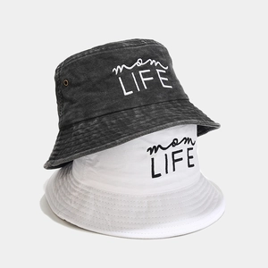 Washed vintage cotton bucket hats with mom LIFE embroidery in black and white colors