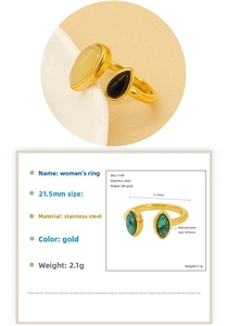 Vue détaillée de la bague en acier inoxydable plaqué or 18K avec dimensions et poids