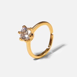 18K gold plated copper ring with six-prong set round cubic zirconia and open band design