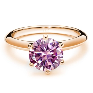 Detail of round purple stone with six-prong setting on a rose gold S925 silver ring