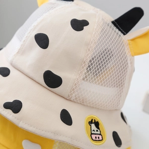 Breathable baby sun hat with cow print design and 3D horns for boys and girls