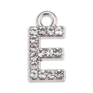 Macro view of silver letter E pendant featuring dense sparkling rhinestones and a top loop