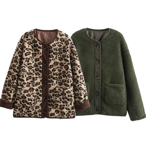 Women Lamb Velvet Jacket Leopard Print Solid Green Long Sleeve Casual Button Down Warm Outerwear With Pockets