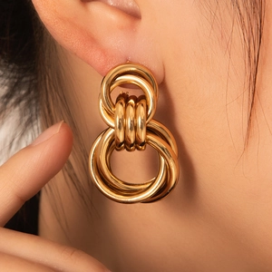 Polished 18K gold plated stainless steel multi-layered hollow hoop earrings for women